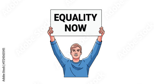 Cartoon of a man holding a sign demanding equal rights, with an assertive expression on his face for social justice and human rights awareness