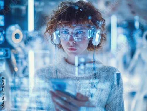 Innovative woman with curly hair wearing glasses and headphones interacting with a smartphone in a high-tech, futuristic environment filled with glowing screens and technology.