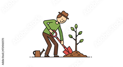 Cartoon man planting tree with shovel, illustrating environmental responsibility and growth for a sustainable future vector illustration
