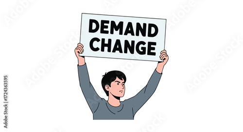 Illustrated figure of an individual holding high a sign demanding societal shifts and alterations for progress and advancements in policies or systems