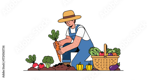 Cartoon farmer harvesting ripe vegetables in organic farm, promoting sustainable agriculture practices and healthy eating habits for a balanced