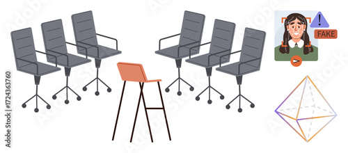 Contrasting orange chair among black office chairs symbolizes individuality. Face recognition alert hints AI and misinformation. 3D geometric shape adds analytical touch. Ideal for uniqueness