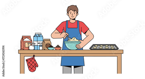 Illustrative image showcasing a person cheerfully baking cookies in a brightly lit kitchen setting  at home