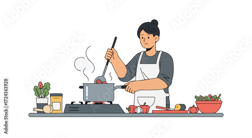 Cheerful chef prepares a wholesome meal with fresh ingredients in a modern kitchen illustration
