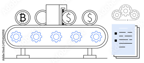 Conveyor belt with gears processing Bitcoin, dollar coins, documents, and cloud settings. Ideal for automation, finance, cryptocurrency, innovation fintech productivity digital economy. Simple