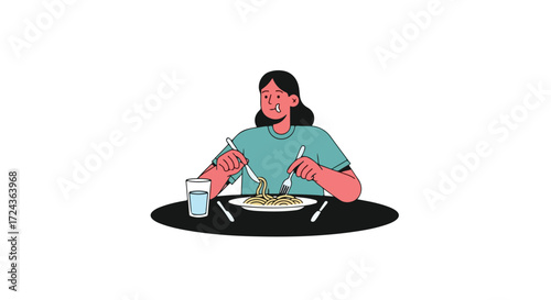 Illustration depicting a person enthusiastically enjoying a plate of spaghetti with a glass of water at the table, creating a moment of culinary