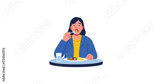 Illustration depicting a woman with bob hairstyle enjoying a meal at a circular table indoors