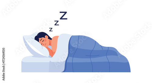 Cartoon illustration depicting a sleeping man resting soundly in bed with Zzz's overhead representing sleep and relaxation for healthy lifestyle