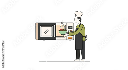 Simplified cartoon chef using a microwave to heat up food, highlighting kitchen appliance illustration and healthy food preparation concept