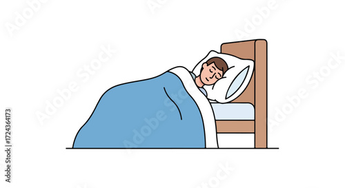 Illustration depicting a serene scene of a young man sleeping soundly in his bed enveloped by a cozy blue blanket