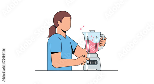 Illustrative representation of a woman preparing a refreshing pink smoothie in a modern blender inside her home studio kitchen concept
