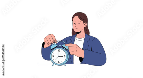 Illustration of a woman setting or adjusting a vintage style alarm clock for time management purposes