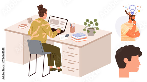 Woman focused on work at desk with books, mug, potted plant secondary images illustrate creativity with glowing bulb and head profile. Ideal for work, creativity, productivity, ideas, focus, business