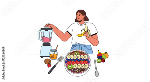 Woman prepares a vibrant smoothie bowl with fresh ingredients for healthy lifestyle illustration