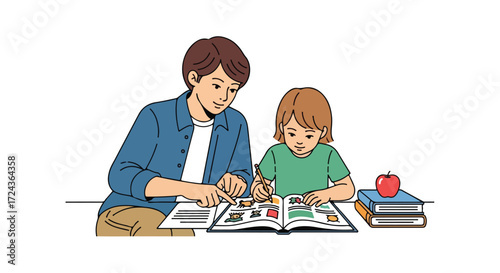 Illustration of a tutor assisting a young girl with her school work at a desk and books
