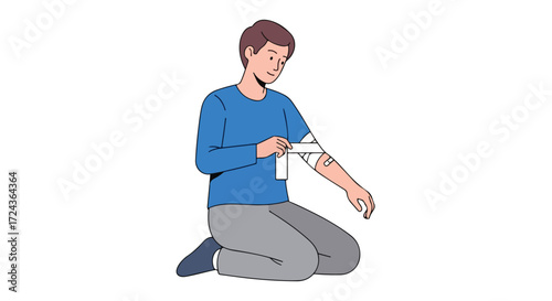 Illustration of a man applying a bandage to his arm, demonstrating first aid care and self-help healthcare practices for injury management at home