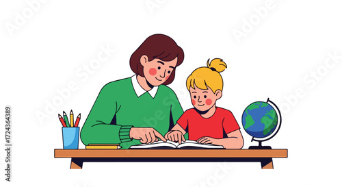 Dedicated tutor assists young girl with her studies and learning at home using books for academic success and development