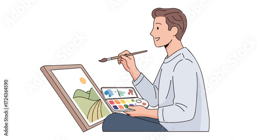 Illustrative depiction of a painter creating landscape art with watercolor paints indoors with focused dedication and an artistic expression