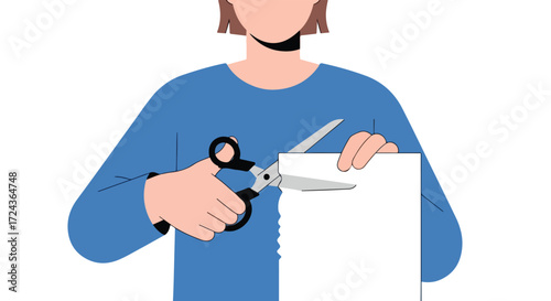 Person crafting with scissors and paper, creative hobby illustration, handcraft activity concept vector flat illustration
