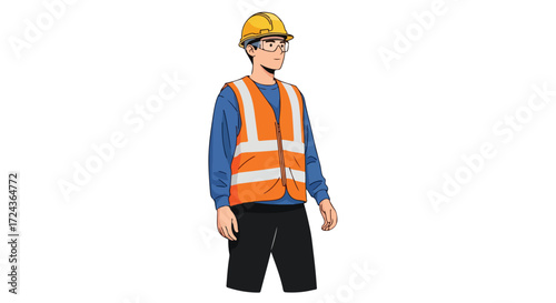 Illustration of a Construction Worker Wearing Safety Gear and Standing on a White Background for Design Project 92 characters
