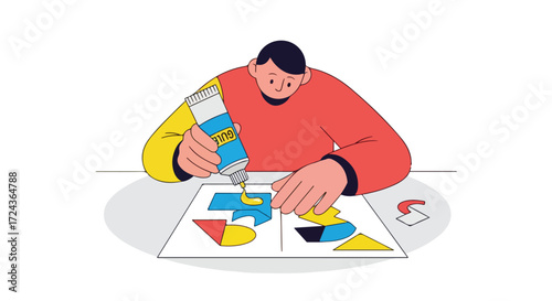 Crafting geometric art: A person assembling vibrant shapes with glue in a creative project engaging hobby displaying design aptitude