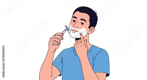 Young man meticulously shaving his face in a detailed illustration for daily grooming rituals and personal care representation