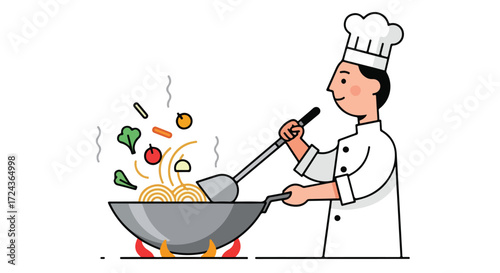 Cartoon chef preparing wok noodles with fresh vegetables in a dynamic cooking scene illustration