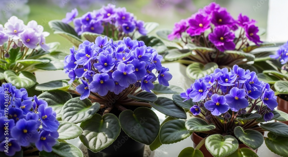 Fototapeta premium Vibrant violets in various shades of purple and blue, displayed in small pots, arranged along a windowsill. Close-up view of the blossoms and foliage
