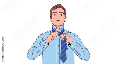 Illustrated guide: Man learning how to tie a striped necktie for a professional appearance and stylish attire in an educational tutorial