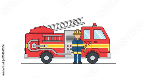 Illustration featuring a courageous firefighter and their gleaming red fire truck ready for action emergency response safety hero
