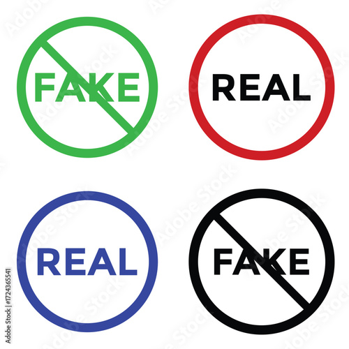 Real and fake icons . Round real and fake stamp icon . Vector