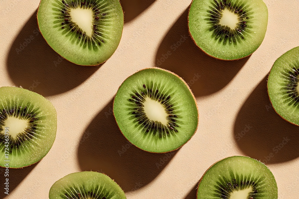 Fototapeta premium Sliced kiwi fruits arranged on pastel beige background.