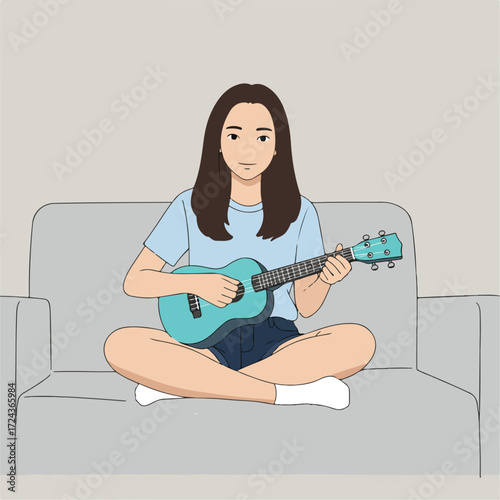 Cartoon of woman playing ukulele on sofa, cross legged and smiling