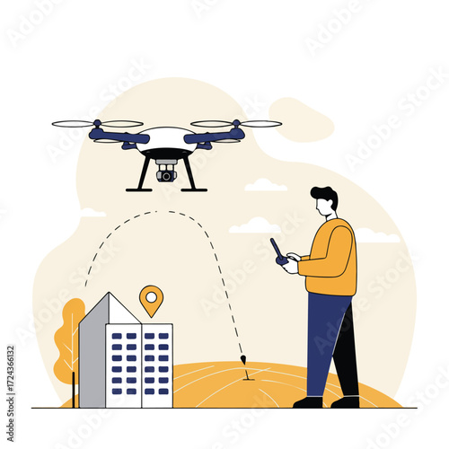 Person flying drone over city, tracking route to building