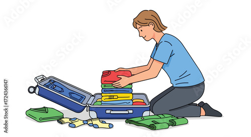 Woman meticulously packing a suitcase with clothing for a trip showcasing travel preparation planning organization and vacation anticipation with