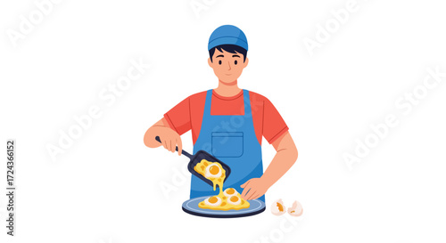 A chef preparing sunny-side-up eggs, showcasing food preparation and culinary skills for breakfast or dining scenes