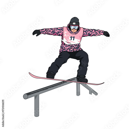 Snowboarder grinds rail, arms out for balance, pink patterned jacket