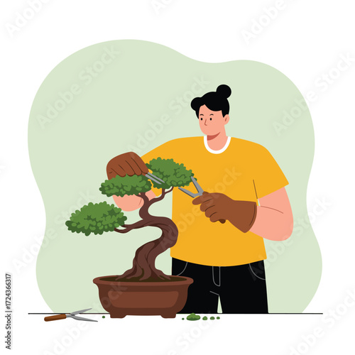 Bonsai pruning Man tending a bonsai with clippers and gloves