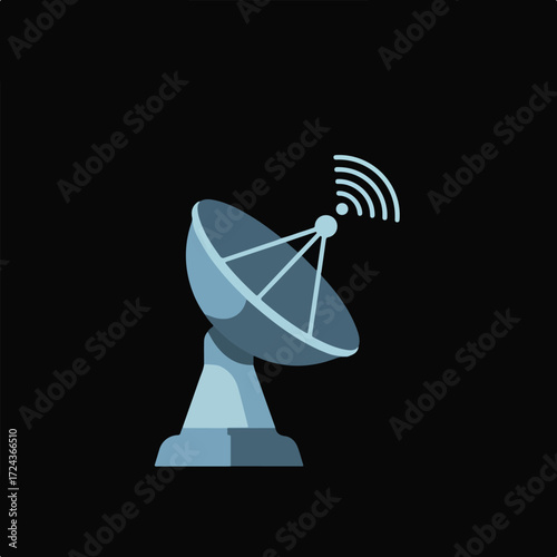 Satellite dish in pale blue sends signal against black background