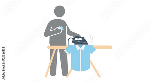 Stylized depiction of an individual ironing a shirt on a table with smoke rising depicting a mundane domestic task done indoors
