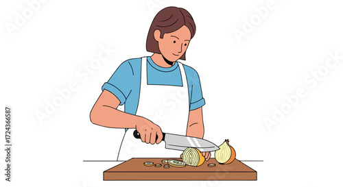 Female cook preparing a dish by finely slicing fresh onions on a wooden board with a silver kitchen knife in a bright kitchen setting