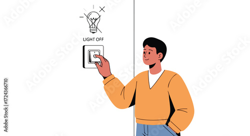 Cartoon illustration demonstrating energy conservation by turning off the light switch depicting a man promoting eco friendly practices for saving