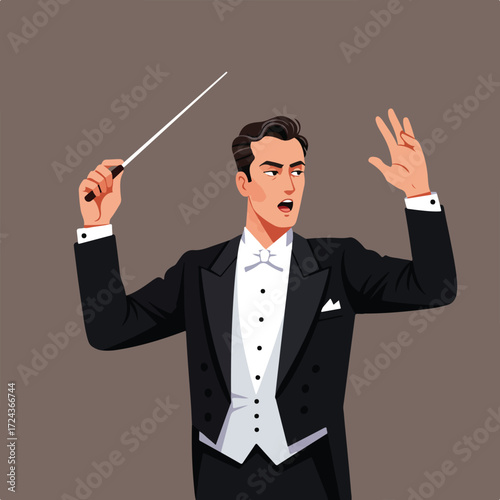 Orchestral conductor raising baton, emotive expression, formal wear