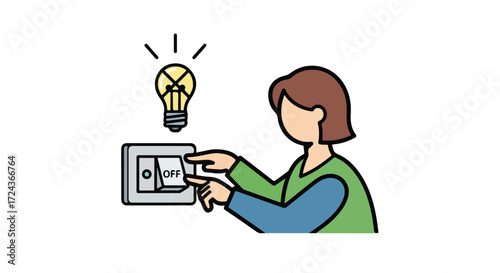 Illustration depicting a person turning off a light switch with a lightbulb illuminating above it symbolizing power saving awareness