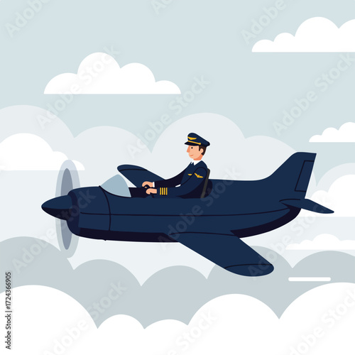 Pilot in cockpit flying a blue plane against a cloudy grey sky background
