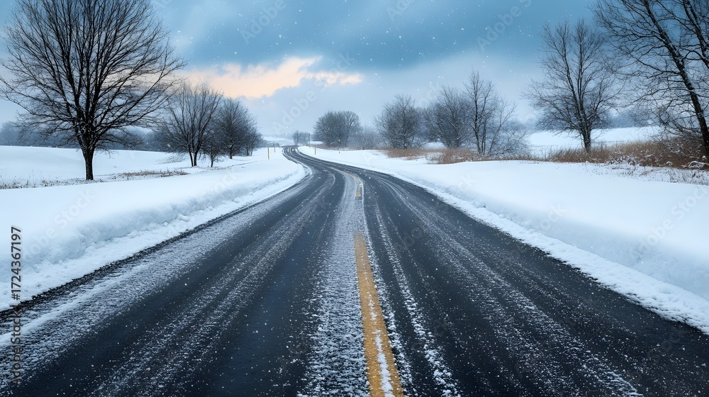 Obraz premium Winding rural road covered in fresh snow with bare trees under a cloudy winter sky