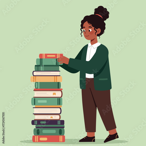 Woman stacking books near pastel wall