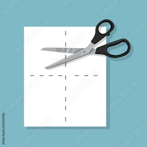 Gray scissors cutting along dashed lines on white paper on blue background