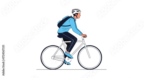 Cyclist with backpack riding a bicycle for exercise and transportation on white background illustration 66 characters