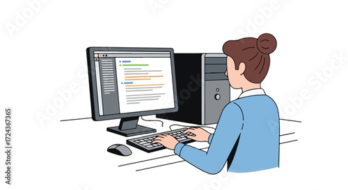Illustrated programmer coding with desktop computer, depicting software development and coding practice, isolated against white seamless background